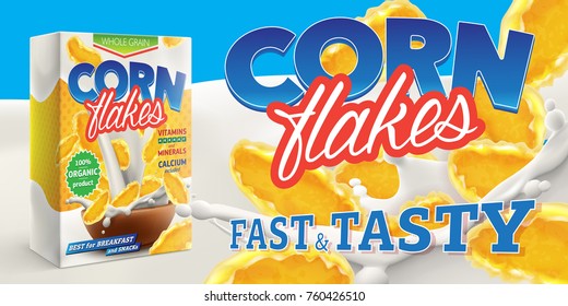 Corn flakes advertising poster with box and big splash of pouring milk vector realistic illustration