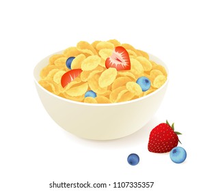 Corn flakes with berries isolated on white. Vector illustration