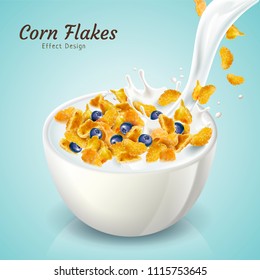 Corn flakes with blueberry and milk pouring down into bowl, 3d illustration