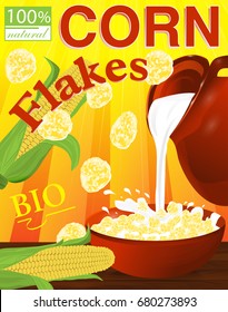 Corn flakes in a bowl. Milk pouring from the jug a plate. Label for cereal boxes. Vector illustration.