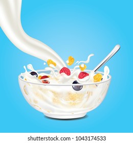 Corn flakes , cereal , berry and milk splash in bowl vector illustration