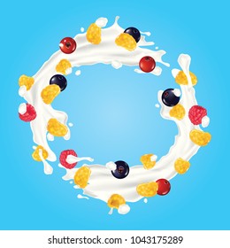Corn flakes , cereal , berry and milk splash vector illustration