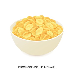 Corn Flakes Cereal In A Bowl Isolated On White Background. Vector Illustration.