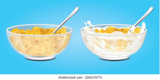 Corn flakes , cereal and milk splash in bowl vector illustration