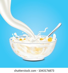 Corn flakes , cereal and milk splash in bowl vector illustration