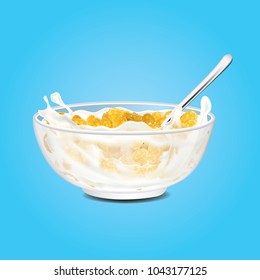 Corn Flakes , Cereal And Milk Splash In Bowl Vector Illustration