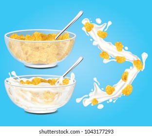 Corn Flakes , Cereal And Milk Splash In Bowl Vector Illustration