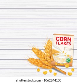 Corn flakes , cereal product on wood top view vector illustration