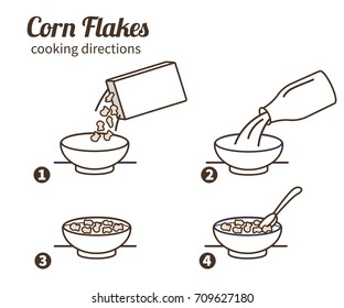 Flocos de milho instruções de cozimento. Passos como preparar o café da manhã. Ilustração vetorial.