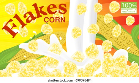 Corn flakes. Design for box. Milk pouring. Label for cereal package. Vector illustration.