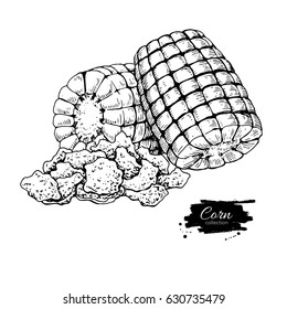 Corn flakes hand drawn vector illustration. Heap of granola muesli. Morning cereals in hand drawn style with corn cob