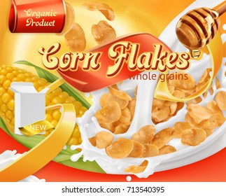 Corn flakes, honey and milk splashes. 3d realistic vector, package design