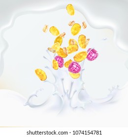 corn flakes oats milk spray 3d illustration of a realistic vector
