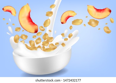 Corn flakes with peach slices in big milk splash advertising flyer vector illustration. High quality art for cereal product ads broshure, poster or label design
