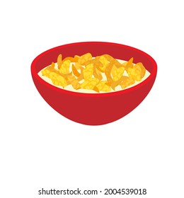 Corn flakes in a red bowl for breakfast, illustration concept.