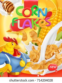 Corn flakes, rooster mascot. Honey and milk splashes. 3d realistic vector, package design