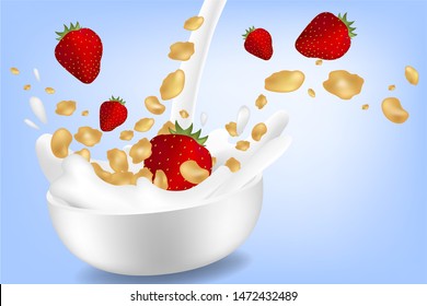 Corn flakes with strawberries in big milk splash advertising flyer vector illustration. High quality art for cereal product ads broshure, poster or label design
