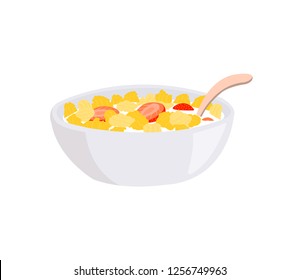 Corn flakes and strawberry in a bowl with milk and spoon isolated on white background.