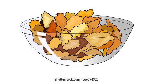 Corn flakes in a transparent plate. Healthy and tasty breakfast. Products for diet. Vector.