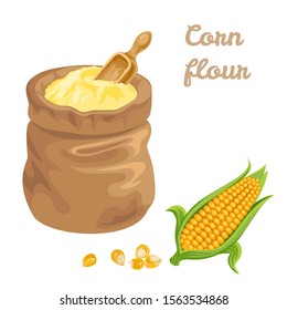 Corn flour in bag, wooden measuring scoop isolated on a white background. Vector maize and yellow grains. Illustration in cartoon style simple flat.