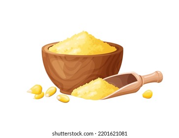 Corn flour in wooden bowl with seeds. Healthy gluten free food. Powde in organic product. Vector illustration isolated on white background.