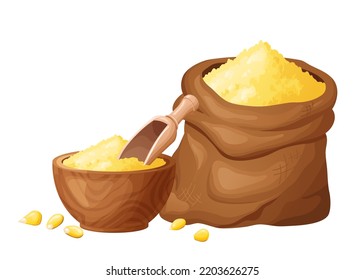 Corn flour in wooden bowl with seeds. Healthy gluten free food. Powde in organic product. Vector illustration isolated on white background.