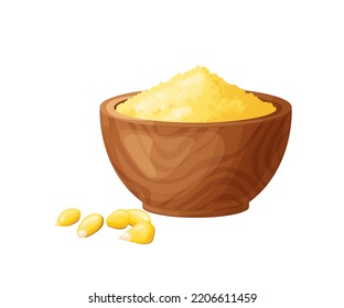 Corn flour in wooden bowl with seeds. Healthy gluten free food. Powde in organic product. Vector illustration isolated on white background.