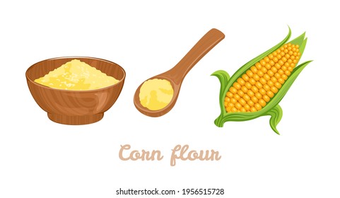 Corn flour in a wooden bowl, spoon and yellow maize isolated on white background. Vector illustration in cartoon flat style.