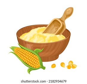 Corn flour in wooden bowl with spoon and yellow maize. Vector illustration in cartoon flat style.