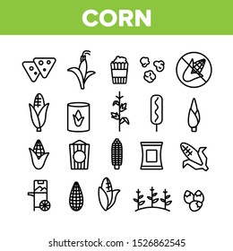 Corn Food Collection Elements Icons Set Vector Thin Line. Pop Corn And Corncob, Maize Grain And Package, Cart And Nutrition Field Concept Linear Pictograms. Monochrome Contour Illustrations