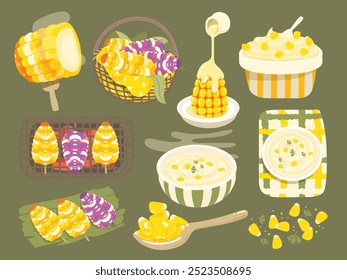 elementos de alimento de milho em fundo verde. ilustração vetorial.