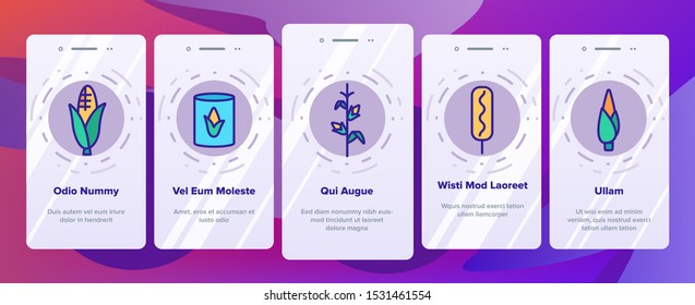 Corn Food Onboarding Mobile App Page Screen Vector Thin Line. Pop Corn And Corncob, Maize Grain And Package, Cart And Nutrition Field Concept Linear Pictograms. Color Contour Illustrations