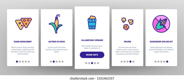 Corn Food Onboarding Mobile App Page Screen Vector Thin Line. Pop Corn And Corncob, Maize Grain And Package, Cart And Nutrition Field Concept Linear Pictograms. Color Contour Illustrations