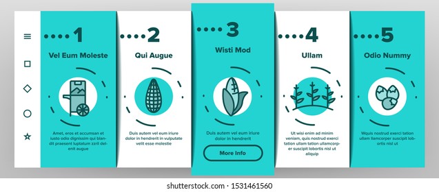 Corn Food Onboarding Mobile App Page Screen Vector Thin Line. Pop Corn And Corncob, Maize Grain And Package, Cart And Nutrition Field Concept Linear Pictograms. Color Contour Illustrations