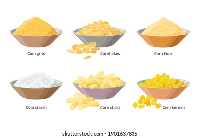 Corn food, products made from maize, corn grits, cornflakes, flour, starch, corn sticks, kernels in bowls - set of vector illustrations in flat design isolated on white background. Maize meals icons.