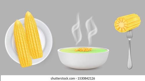 Corn food set, vector isolated illustration. Realistic boiled sweet corn cobs on plate and fork, hot cornmeal porridge in bowl.