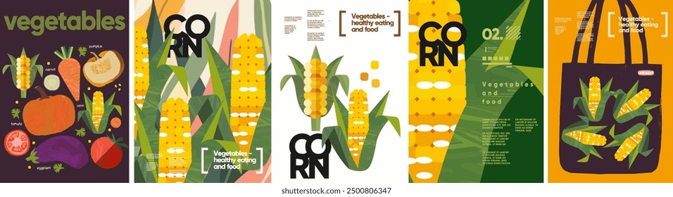 Corn, food and vegetables. Vector modern abstract illustration of corn cobs isolated on white background, in bag and pattern for background, poster, flyer or brochure cover