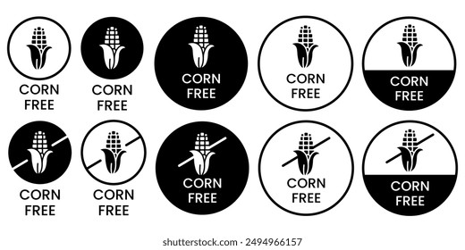 Corn free black icons. Set allergen free icons. Allergen free products. Products warning symbols.