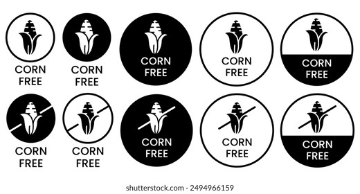 Corn free black icons. Set allergen free icons. Allergen free products. Products warning symbols.