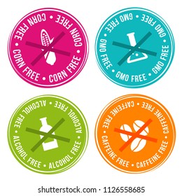 Corn free, GMO free, Alcohol free and Caffeine free Badges. Eps10 Vector.