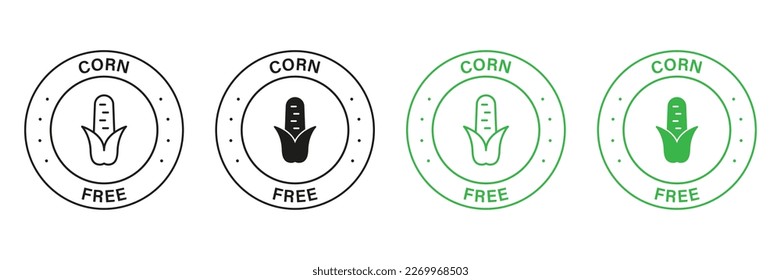 Corn Free Green and Black Circle Stamp Set. Free Fructose and Corn Icon. No Maize Allergy Ingredient Label. No Contain Maize Symbol. Not Corn Starch Allergen Logo. Isolated Vector Illustration.