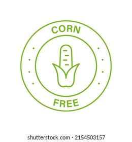 Corn Free Green Circle Stamp. Free Fructose Corn Syrup Line Icon. No Maize Allergy Ingredient Label. No Contain Maize Symbol. Not Corn Starch Allergen Outline Logo. Isolated Vector Illustration.