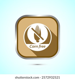 Corn free icon design illustration. Natural products, allergens, Food Intolerance. Gold shadow button design