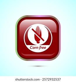 Corn free icon design illustration. Natural products, allergens, Food Intolerance. Red color square button design