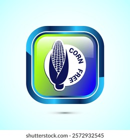 Corn free icon design illustration. Natural products, allergens, Food Intolerance. Glossy square button design