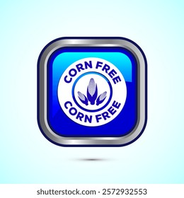 Corn free icon design illustration. Natural products, allergens, Food Intolerance. Blue color square button design