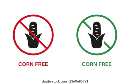 Corn Free Silhouette Icon Set. Cob Maize Allergy Ingredient Green and Red Stop Sign. Ban Contain Maize Logo. Corn Starch Allergen Forbidden Symbol. None Corncob. Isolated Vector Illustration.