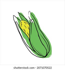 Corn. Fresh raw head of sweet corn. Healthy vegetarian food. Organic.
Colored flat vector illustration of vegetables isolated on white background. Doodle style. Hand drawing.