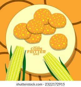 Corn Fritter served on a wooden plate with some corn sticks and bold text on brown background to commemorate National Corn Fritter Day on July 16