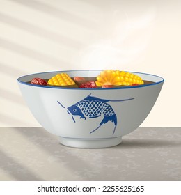 
Corn, Goji Berries and Red Dates Soup in Chinese Koi Fish Porcelain Bowl Realistic Illustration